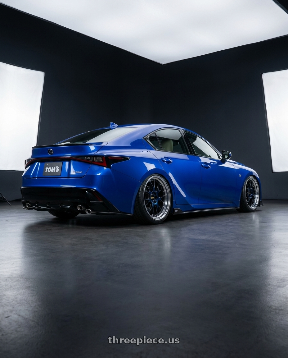 2022 Lexus IS500 with BBS LM-R 5x120 20x11 +40 Black w/ Blue Metallic Flake / Diamond Cut Lip wheels rear three quarter view square tires
