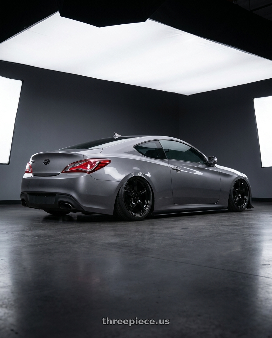 2014 Hyundai Genesis Coupe with Gram Lights 57CR 5x114.3 19x8.5+35 Glossy Black wheels rear three quarter view slight stretch tires