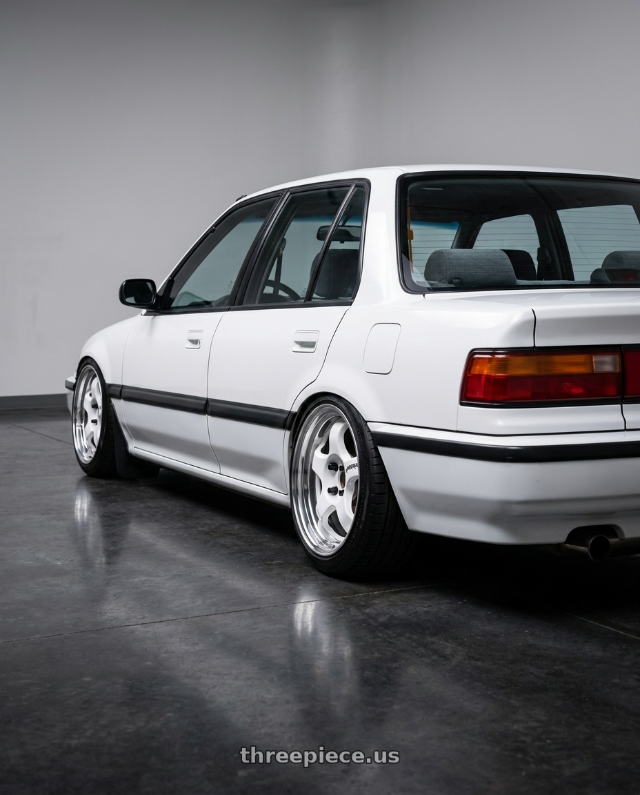 1991 civic ex with Work Meister S1 2P 4x100 15x8.5+38 O Disk White wheels rear three quarter view square tires
