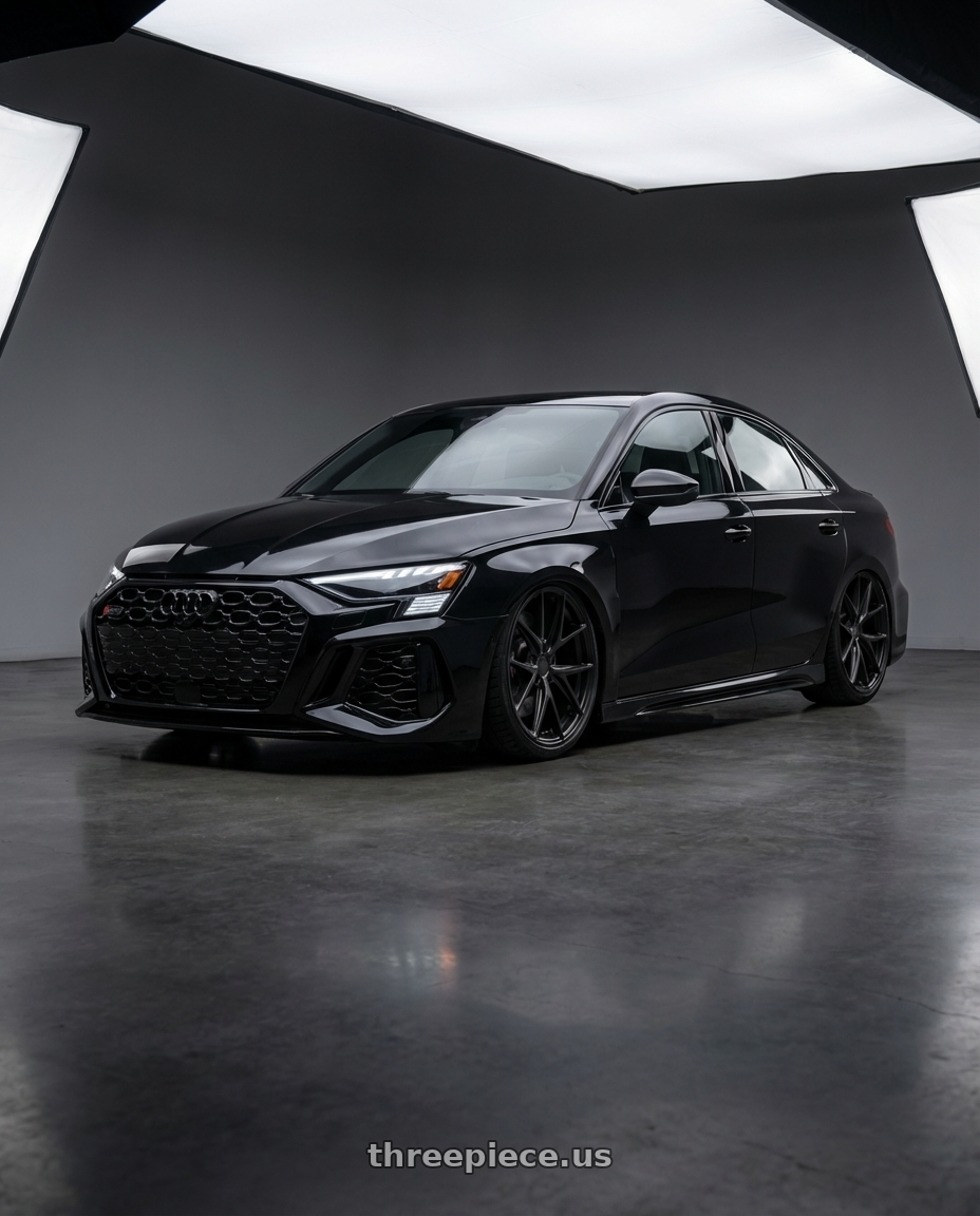 2022 Audi RS3 8Y with Niche 1PC M117 MISANO 5X112 19X8.5 +34 MATTE BLACK wheels front three quarter view stanced stance