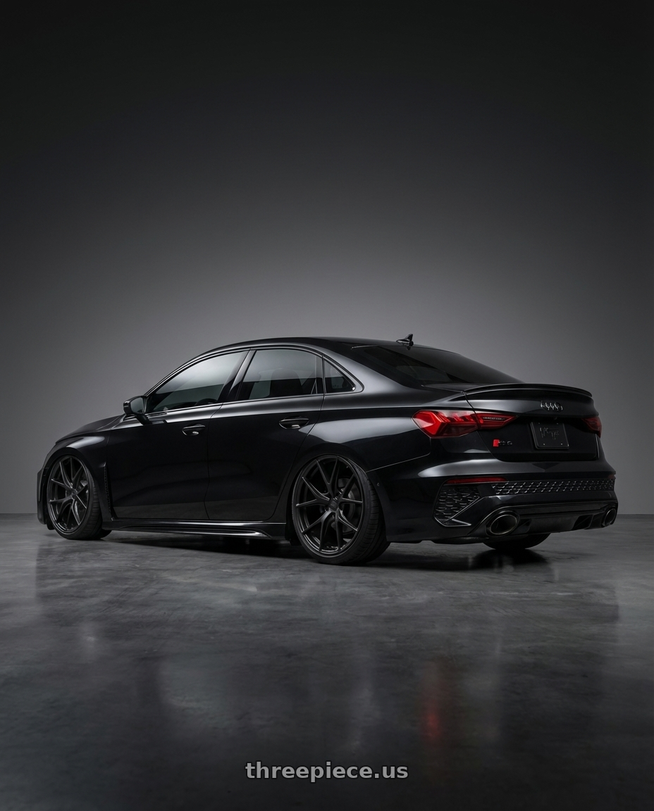 2022 Audi RS3 8Y with Niche 1PC M117 MISANO 5X112 19X8.5 +34 MATTE BLACK wheels rear three quarter view slight stretch tires