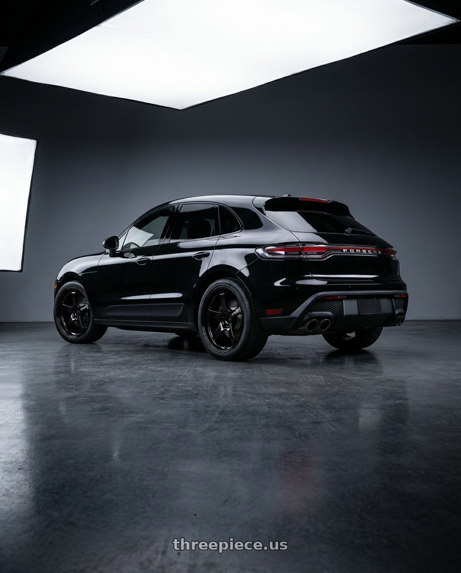 2022 Porsche macan with Advan Racing GT PV 5x112 21x10.5 +15 RACING GLOSS BLACK wheels rear three quarter view square tires
