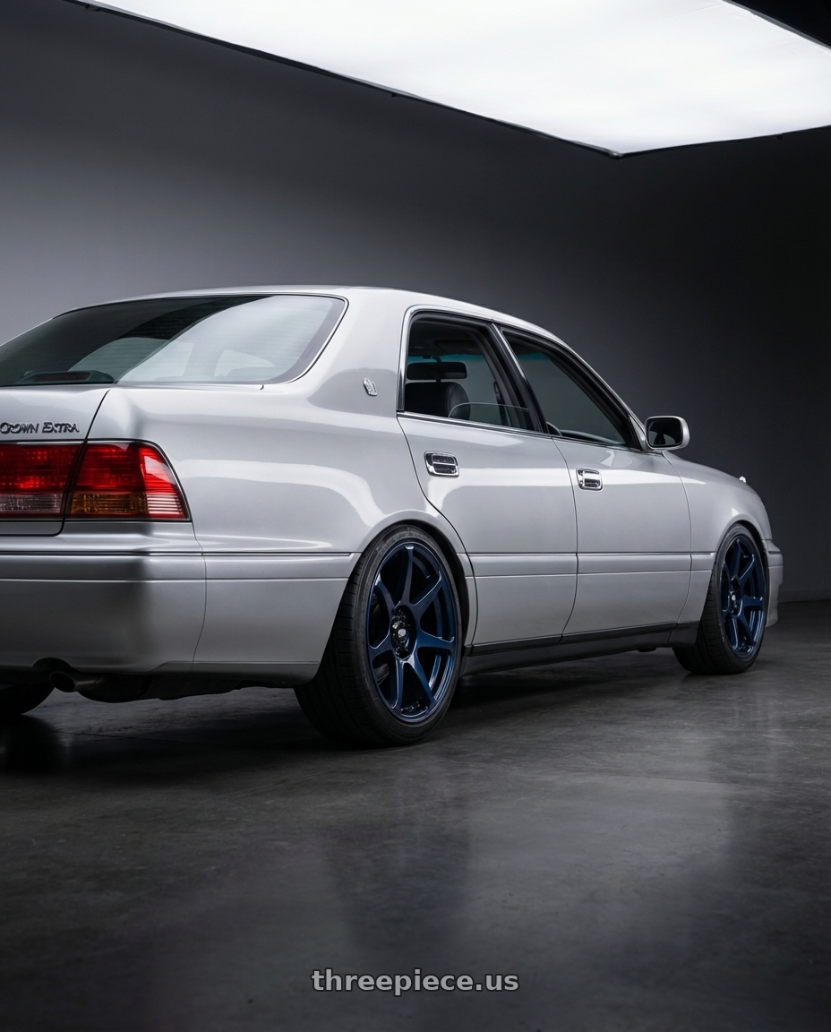 1998 Toyota Crown Royal Extra  with Motegi MR154 BATTLE 5X114.3 17X8 +30 MIDNIGHT BLUE wheels rear three quarter view square tires