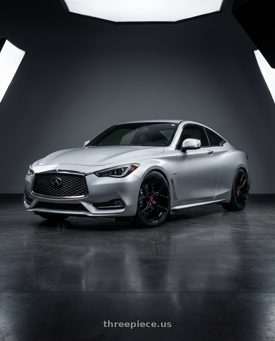 2020 Infiniti Q60 with Vossen HF-5 19x8.5 / 5x114.3 / ET32 / Flat Face / 73.1 - Gloss Black Wheel - HF5-9N60 wheels front three quarter view lowered stance