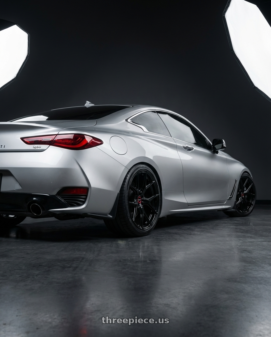 2020 Infiniti Q60 with Vossen HF-5 19x8.5 / 5x114.3 / ET32 / Flat Face / 73.1 - Gloss Black Wheel - HF5-9N60 wheels rear three quarter view square tires