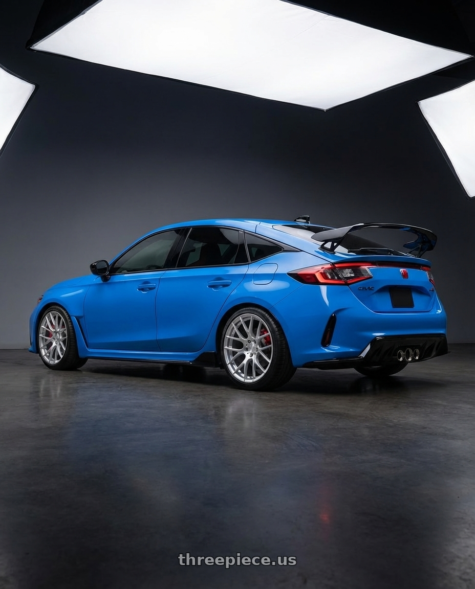 2024 Honda Civic Type R with Avant Garde Wheels M359 5X120 19x11 +25 Hyper Silver wheels rear three quarter view square tires