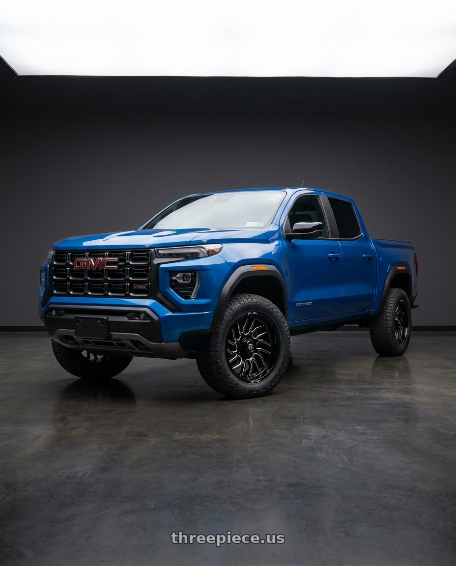 2023 Gmc Canyon blue with Fuel 1PC D807 HURRICANE 6X139.7 20X10 -18 GLOSS BLACK MILLED wheels
