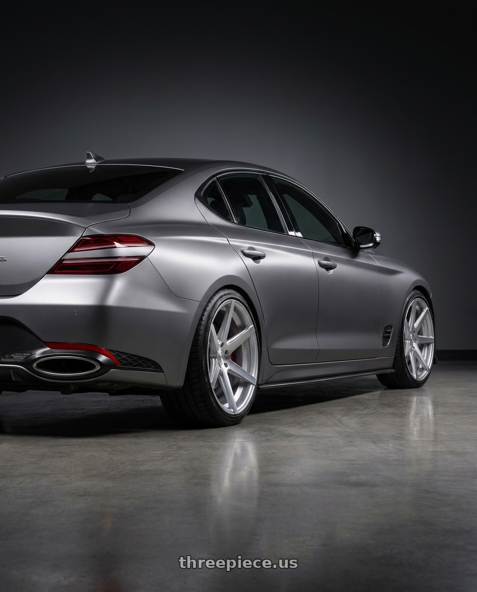 2024 Genesis g70 with Rohana RC7 5x112 20x9+35 Machine Silver wheels rear three quarter view slight stretch tires