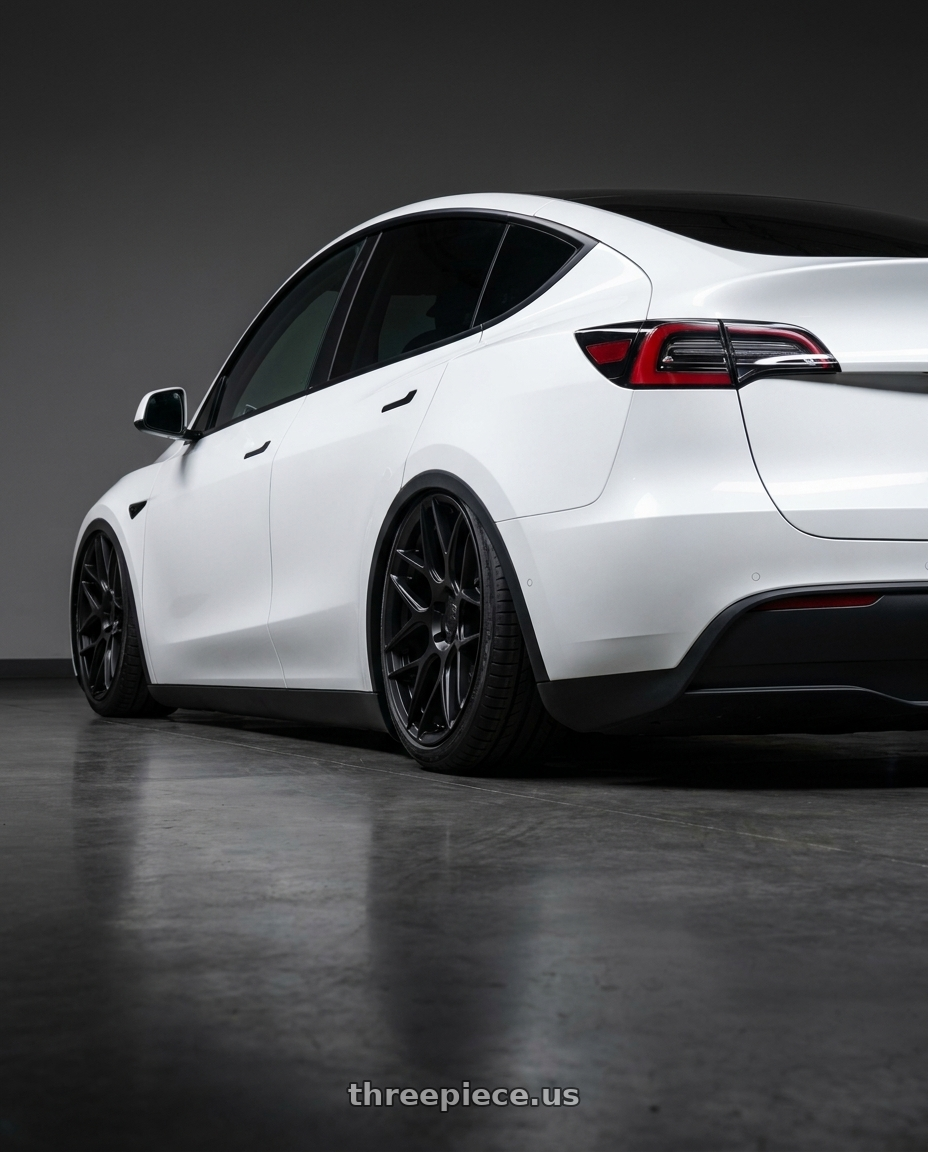 2024 Tesla Model Y with Aodhan AFF2 5x114.3 20x9+32 Matte Black wheels rear three quarter view slight stretch tires