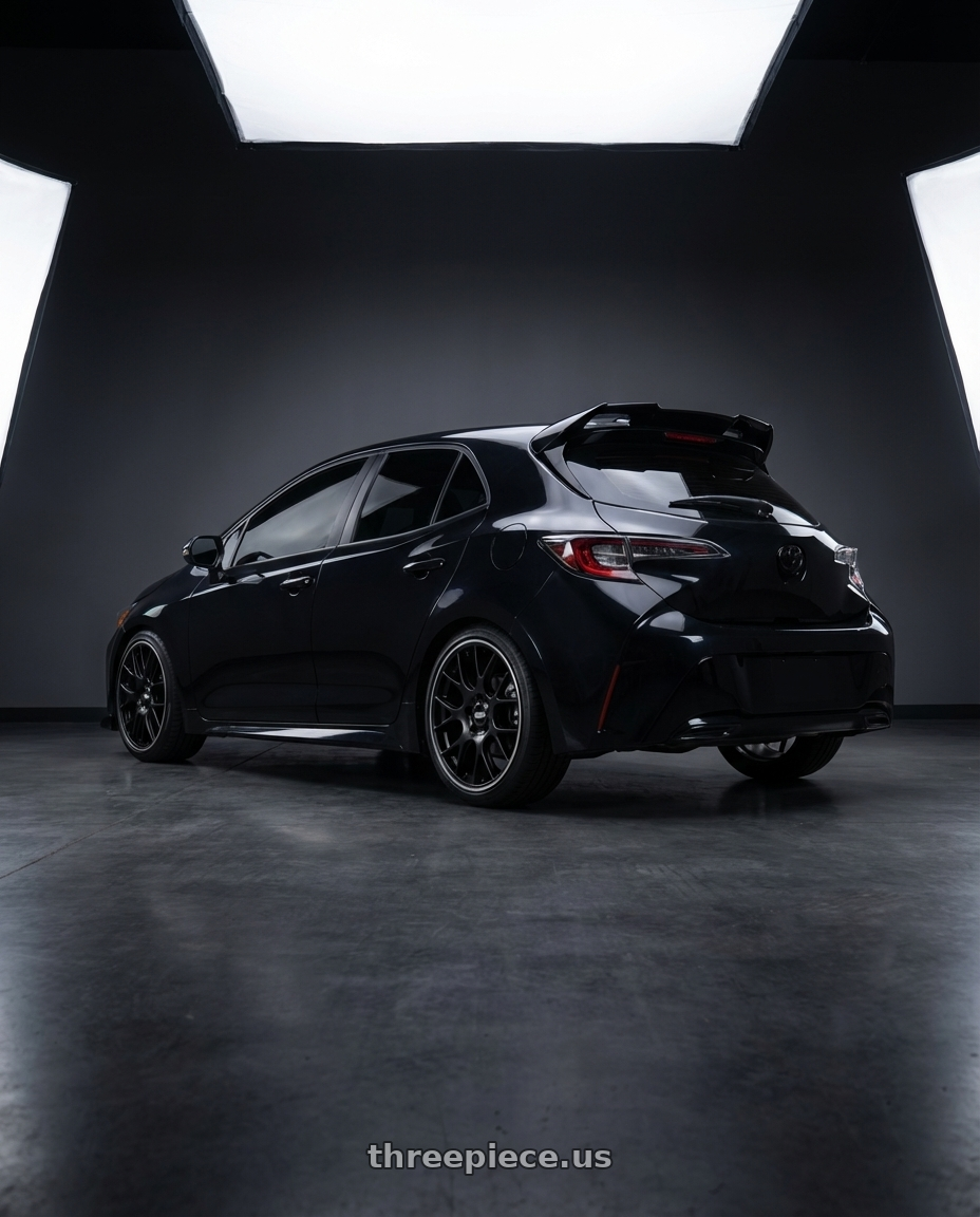 2022 Toyota corolla with BBS CH-R 5x112 18x8.5 +47 Satin Black Polished Rim Protector wheels rear three quarter view square tires