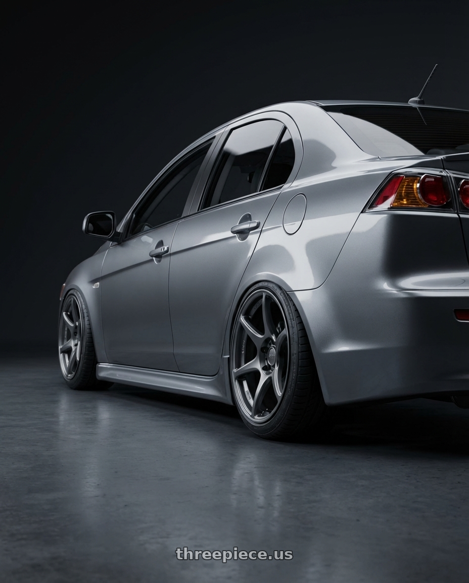 2014 Mitsubishi Lancer Ralliart with Kansei K11G Tandem 5x114.3 18x9 12 Gunmetal wheels rear three quarter view slight stretch tires