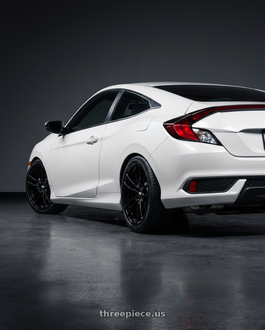 2017 Honda Civic with P51 Wheels 101RF 5X114.3 19x11 +50 Gloss Black wheels rear three quarter view square tires