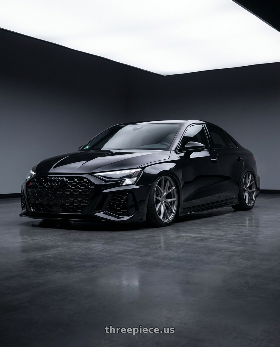 2022 Audi RS3 8Y with Niche 1PC M116 MISANO 5X112 19X8.5 +42 MATTE GUN METAL wheels front three quarter view stanced stance