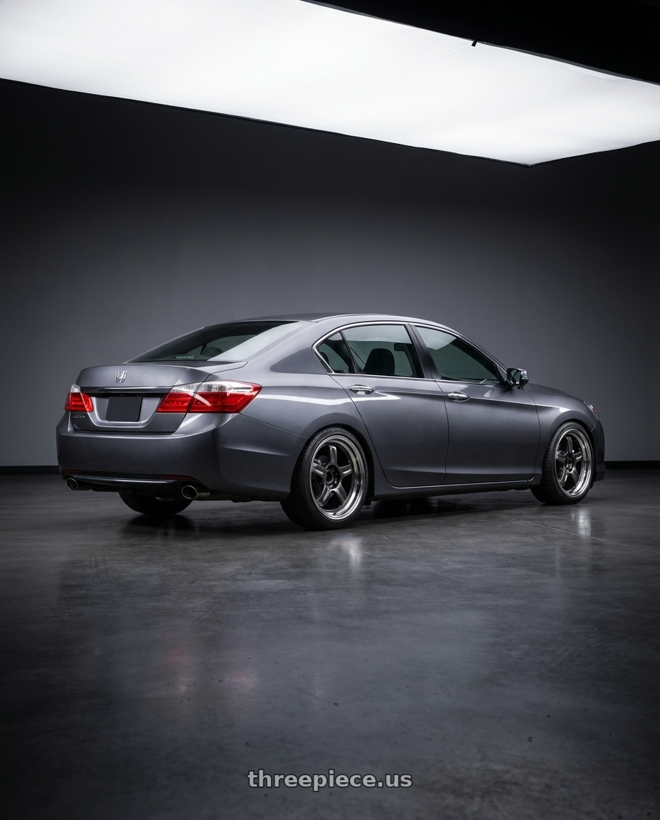 2015 HONDA ACCORD EX with Volk Racing 21C 5x114.3 18x8.5 +35 DARK GUNMETAL / RIM DC wheels rear three quarter view square tires