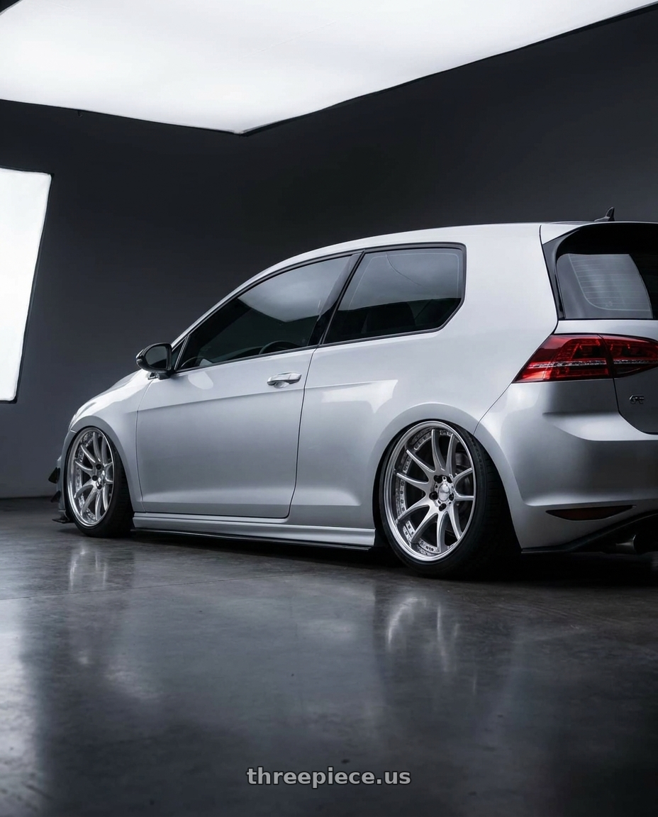 2015 VW GTI with Work Emotion Cr 3P 5x112 19x9+40 R Disk Burning Silver wheels rear three quarter view square tires