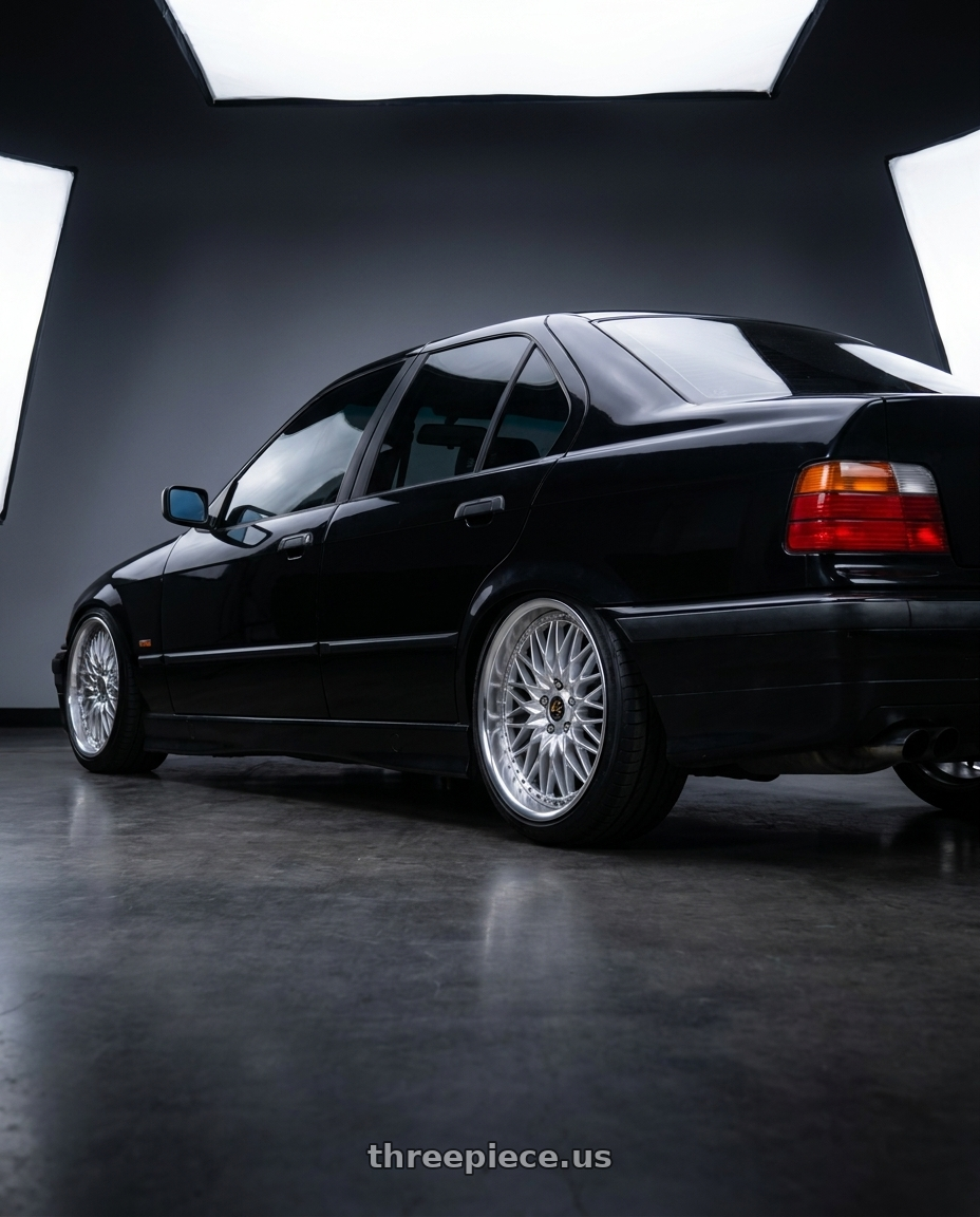 1998 bmw 328i Sedan with Work Vs-Xv 5x120 18x7.5+40 O Disk Silky Rich Silver wheels rear three quarter view square tires
