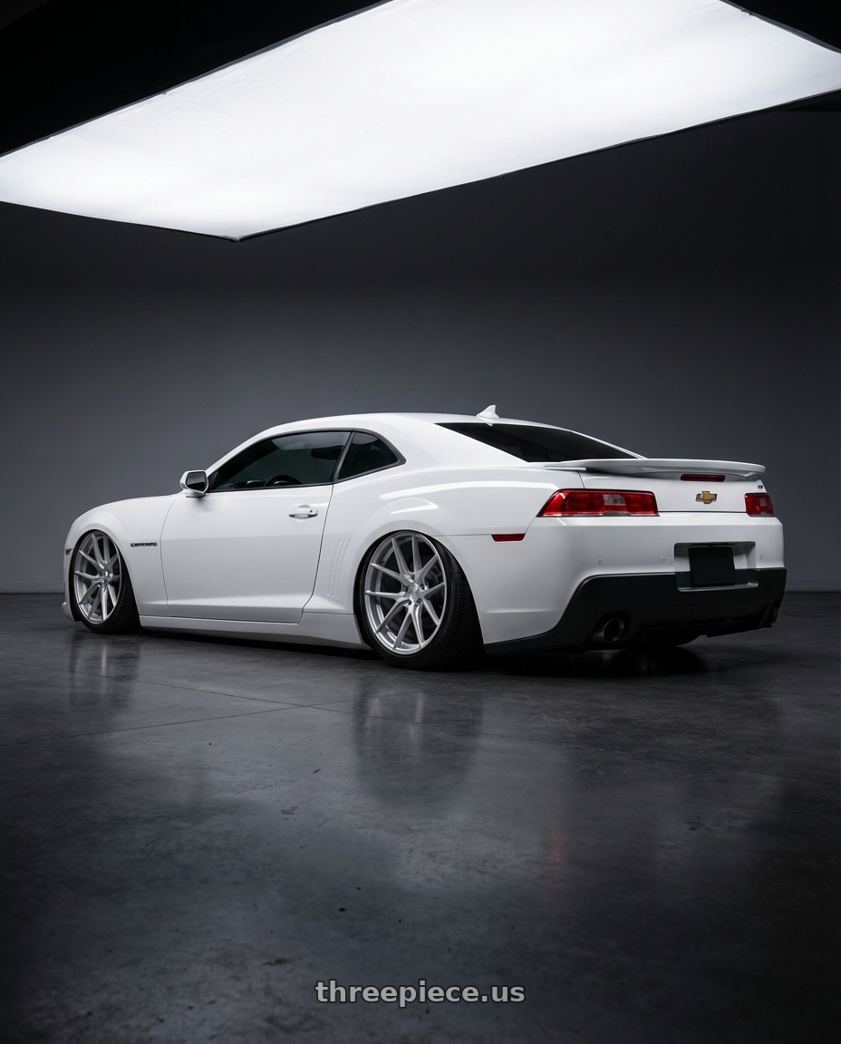 2014 Chevrolet Camaro 5th Gen with Aodhan AFF3 5x120 20x9+30 Gloss Silver Machined Face wheels rear three quarter view slight stretch tires