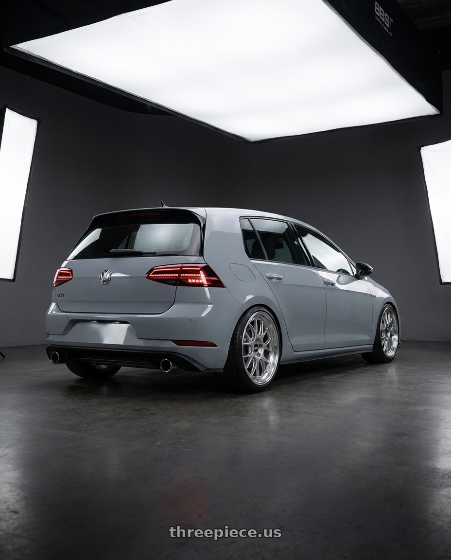 2019 Volkswagen GTI with BBS LM-R 5x112 19x8.5+38 Diamond Silver wheels rear three quarter view square tires