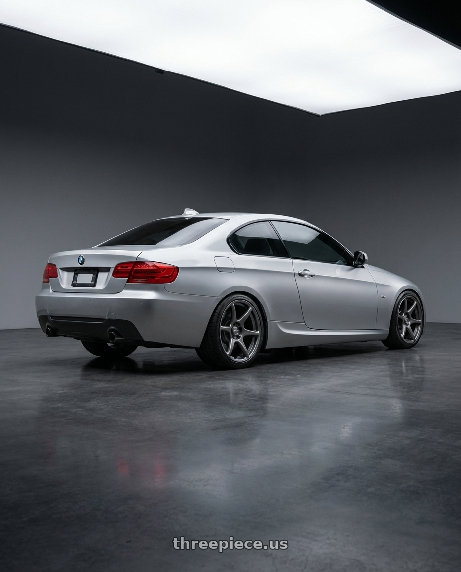 2012 BMW 3 Series E92 with Kansei K11G Tandem 5X120 18x8.5 35 Gunmetal wheels rear three quarter view square tires