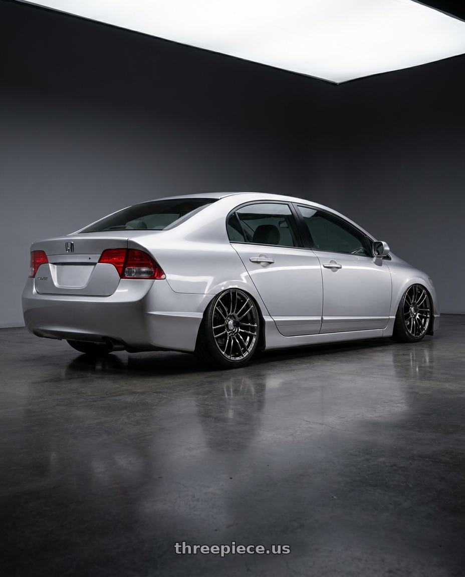 2007 Honda civic with Stage Wheels Belmont 5x120 18x8.5 +35 Black Chrome wheels rear three quarter view slight stretch tires