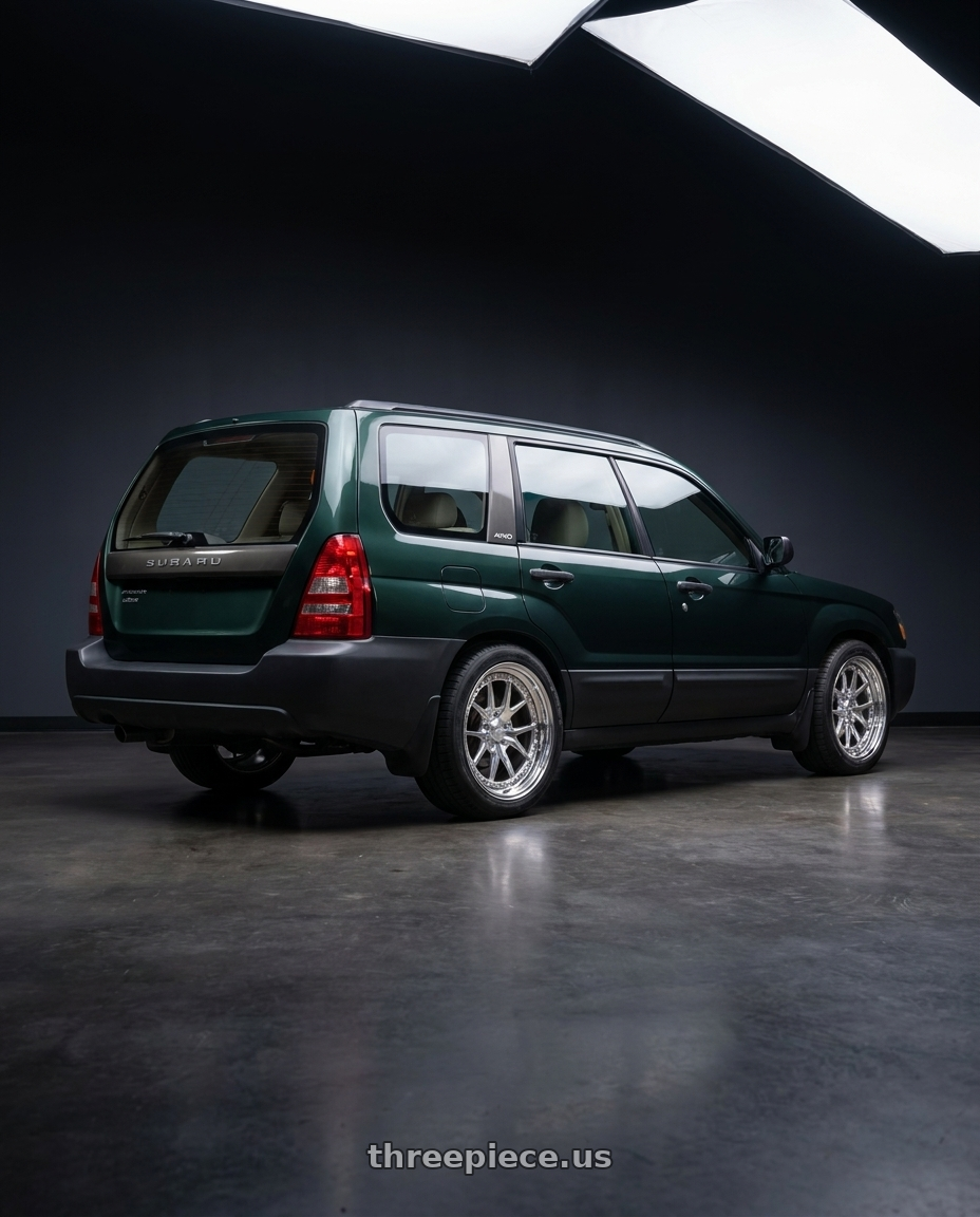 2003 Subaru Forester Green with CCW CZ05 4x100 16x7 +22 Polished wheels rear three quarter view square tires