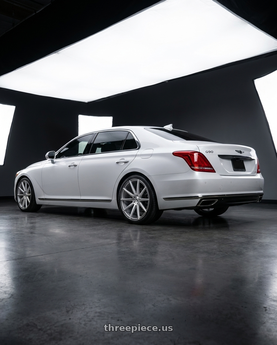 2018 genesis g90 ultimate with Asanti Black ABL-20 ARIES 5X114.3 20X10 +40 BRUSHED SILVER wheels rear three quarter view square tires