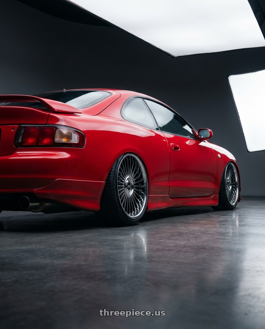 1998 Toyota celica with Work Emitz Black Polish 5x100 19x7.5 +38 wheels rear three quarter view slight stretch tires