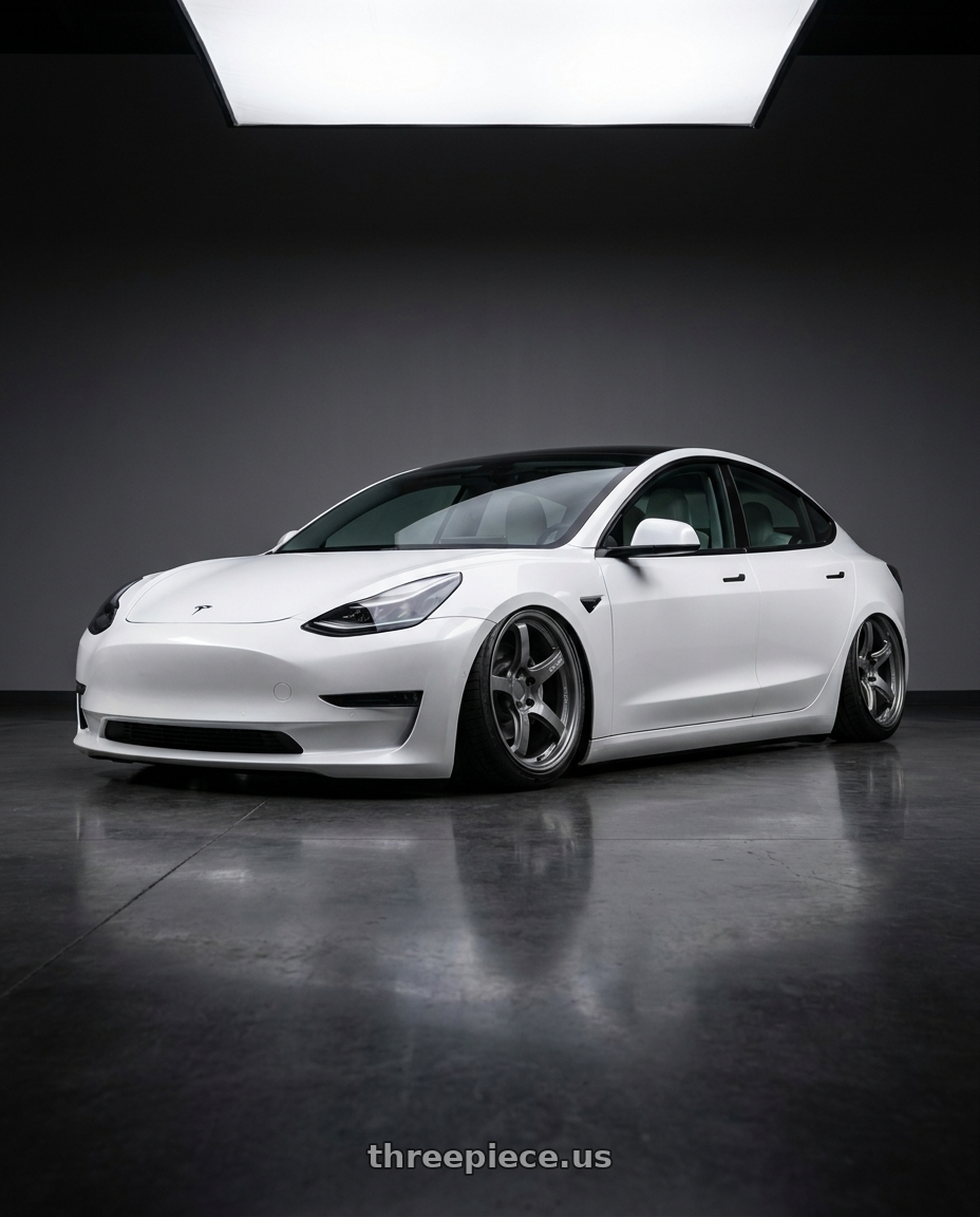 2021 tesla model 3 sr+ white with Gram Lights 57CR 5x114.3 19x9.5 +35 GLOSSY GRAY wheels