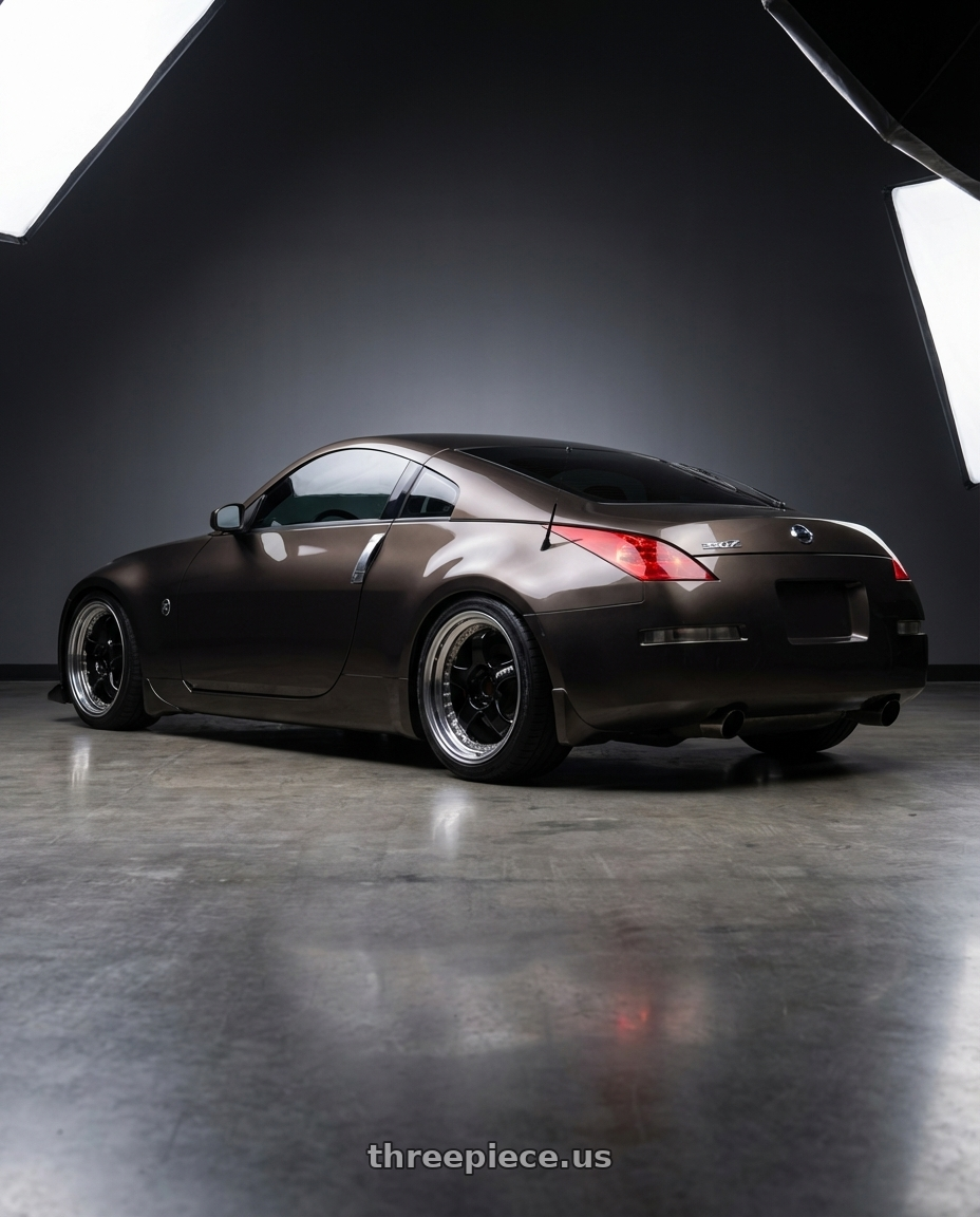2004 Nissan 350z with Work Meister S1 3P 5x100 18x7.5+29 A Disk Black wheels rear three quarter view square tires