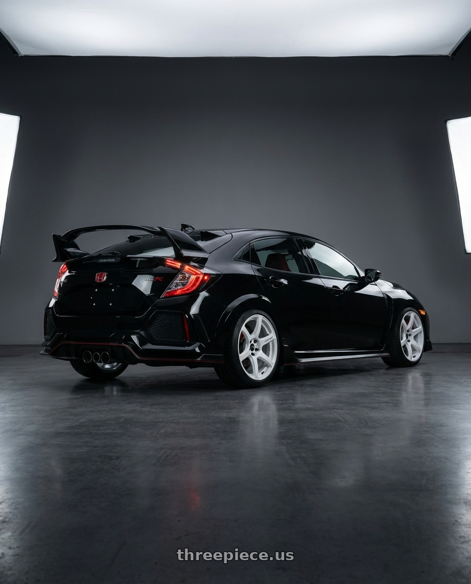 2019 honda civic type r with Work Emotion T7r 5x120 18x9.5 +38 White wheels rear three quarter view slight stretch tires