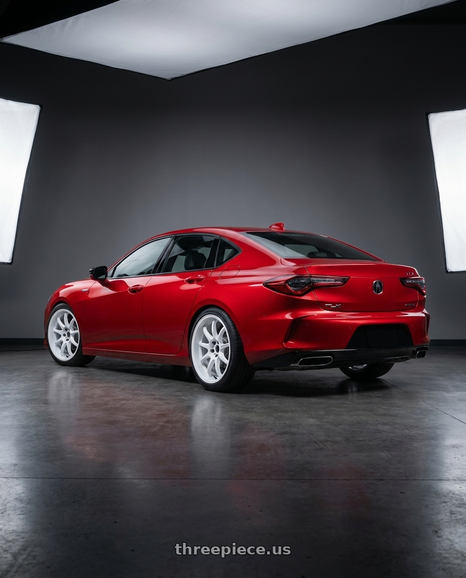 2021 Acura tlx with Work Emotion D9r 5x100 19x9.5 +38 White wheels rear three quarter view slight stretch tires
