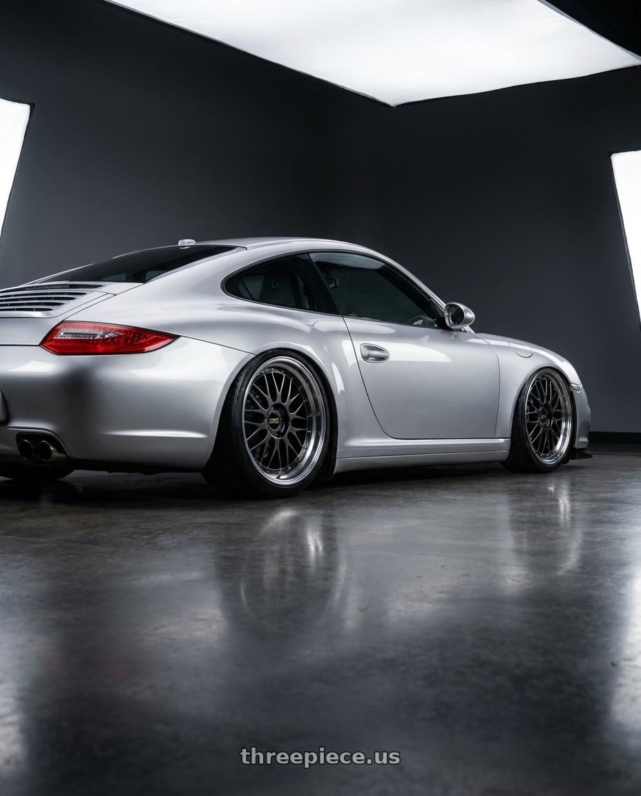 2013 Porsche 997 with BBS LM 5x114.3 18x8.0+35 Diamond Black wheels rear three quarter view slight stretch tires