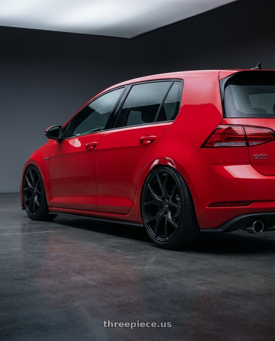 2019 Volkswagen Gti with Ssr Gtv03 5x114.3 19x8.5+38  FLAT BLACK wheels rear three quarter view slight stretch tires