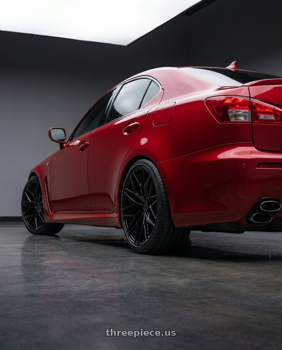 2012 Lexus IS-F with Avant Garde Wheels M520R 5X114.3 19x8.5 +35 Gloss Black wheels rear three quarter view square tires