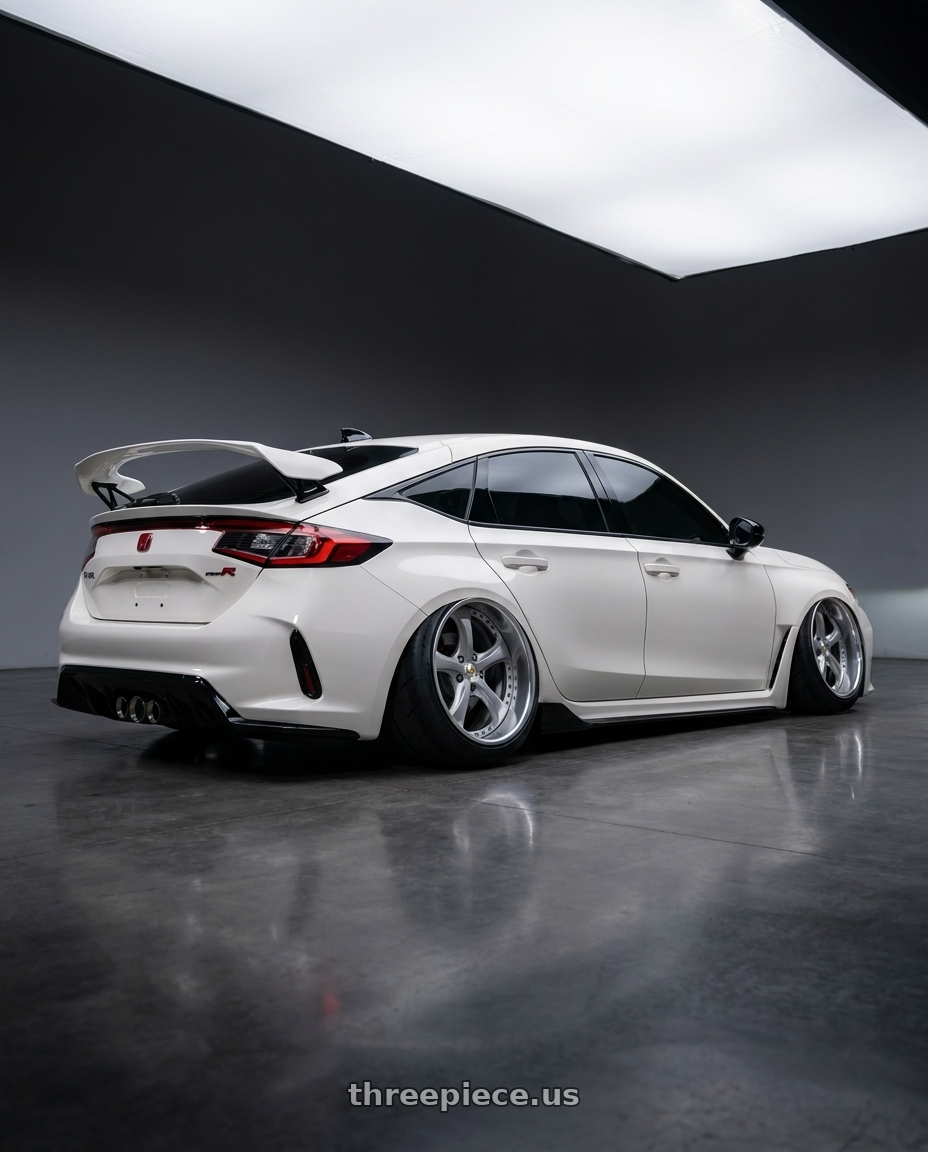 2024 Honda Civic FL5 with Work Wheels VS-KF 5x120 19x10+59 Light Grey Silver O Disk FULL REVERSE wheels rear three quarter view excessive tires