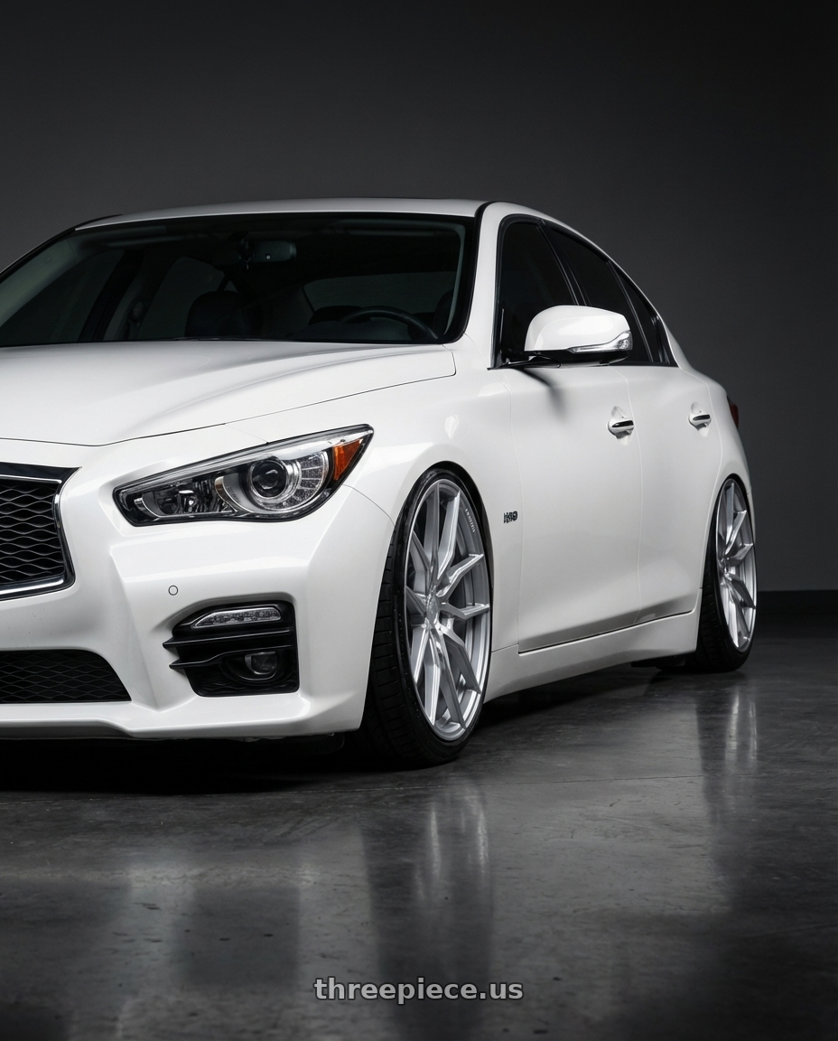 2020 Infiniti Q50 with Aodhan AFF1 5x114.3 20x9+32 Gloss Silver Machined Face wheels front three quarter view stanced stance