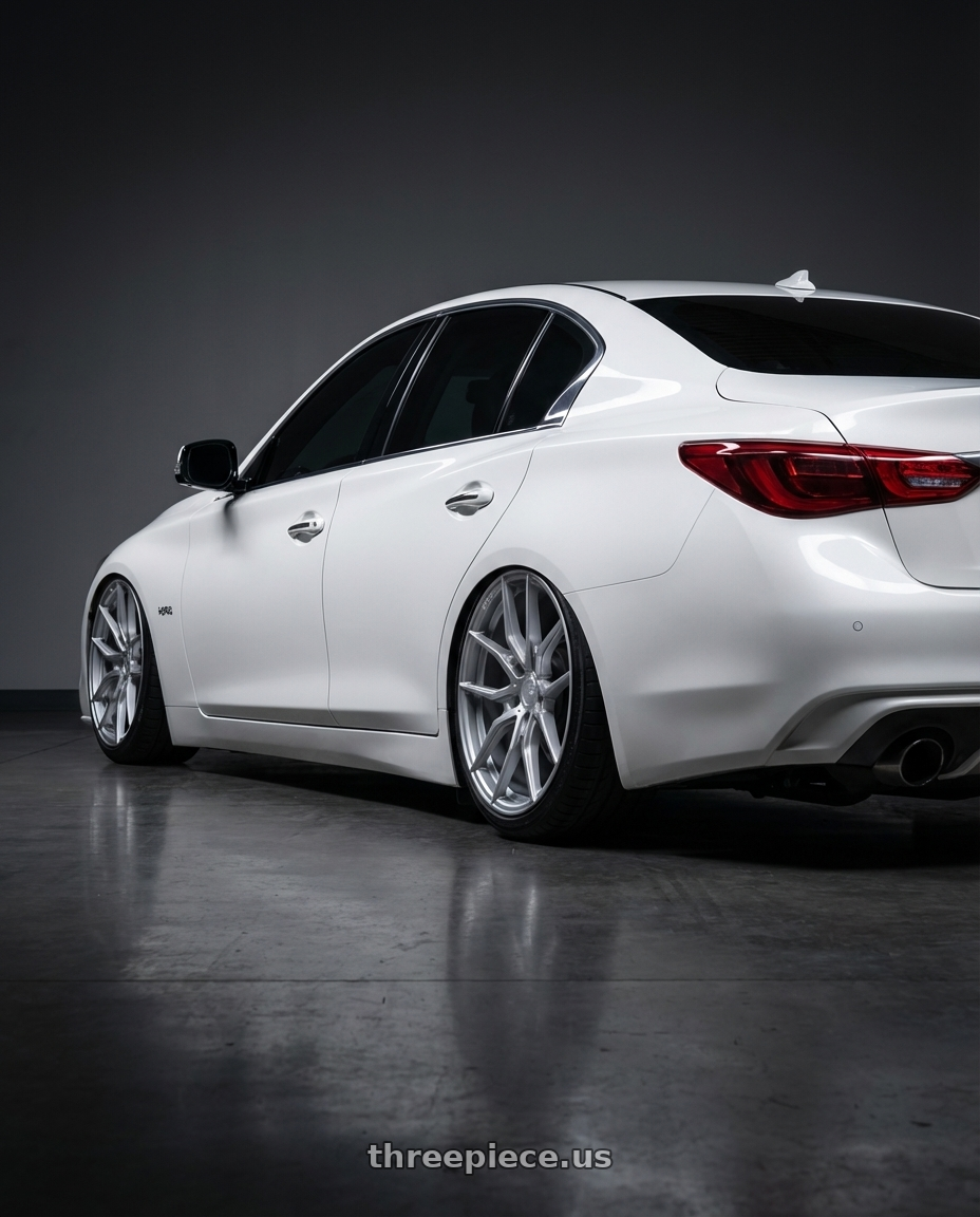 2020 Infiniti Q50 with Aodhan AFF1 5x114.3 20x9+32 Gloss Silver Machined Face wheels rear three quarter view slight stretch tires