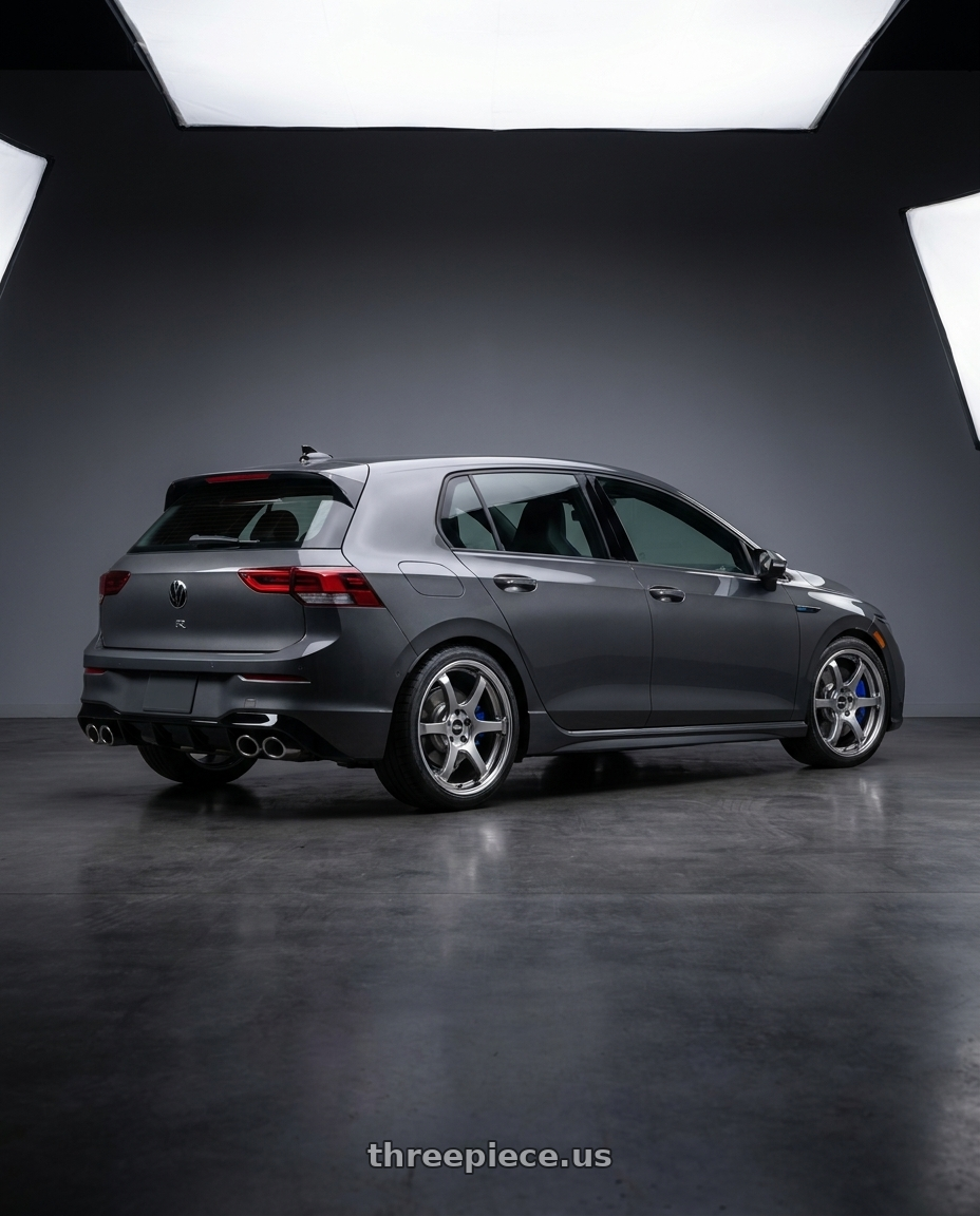 2026 Volkswagen Golf R Graphite with Ssr Reiner Type 6R 5x112 18X8.5 45 Hyper Disk Titan Silver wheels rear three quarter view square tires