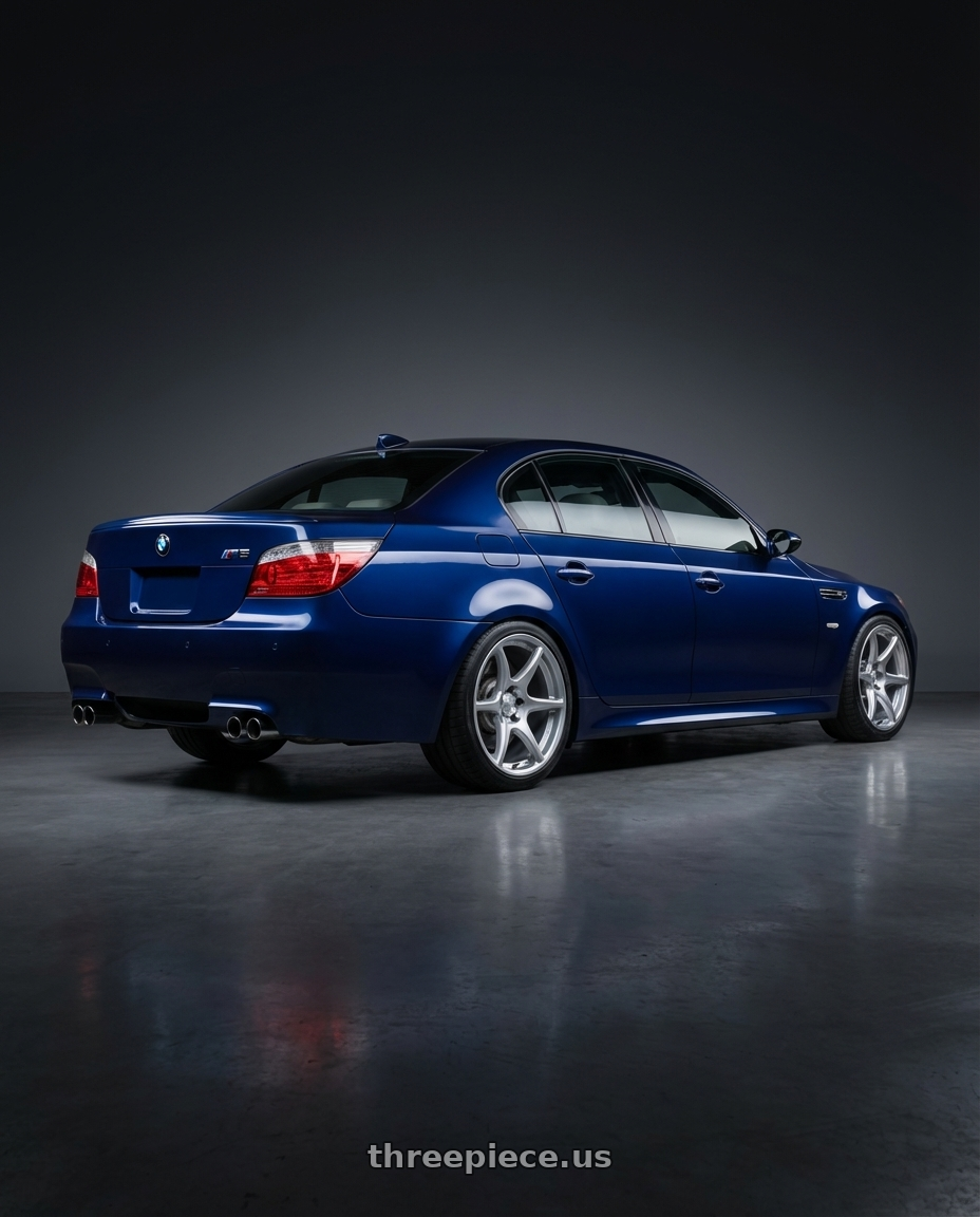 2010 BMW M5 E60 with Kansei K11S Tandem 5X120 19x9.5 22 Hyper Silver wheels rear three quarter view square tires