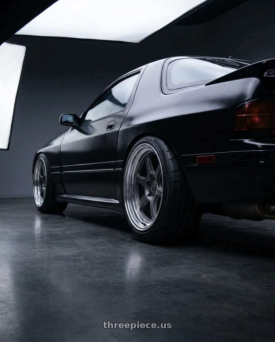 1990 Mazda RX7 with Kansei K14G Roku 5x114.3 18x10.5 12 Grey and Machined Lip wheels rear three quarter view meaty tires