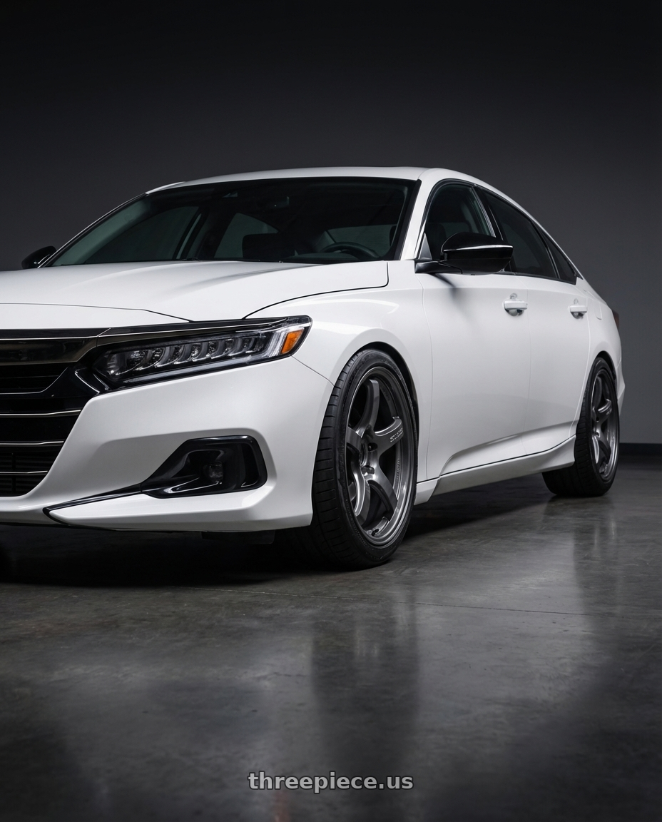2021 Honda Accord 2.0T Platinum White with Gram Lights 57CR 5x114.3 18x9.5+38 Glossy Grey wheels front three quarter view lowered stance
