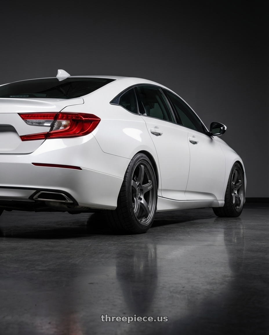2021 Honda Accord 2.0T Platinum White with Gram Lights 57CR 5x114.3 18x9.5+38 Glossy Grey wheels rear three quarter view meaty tires