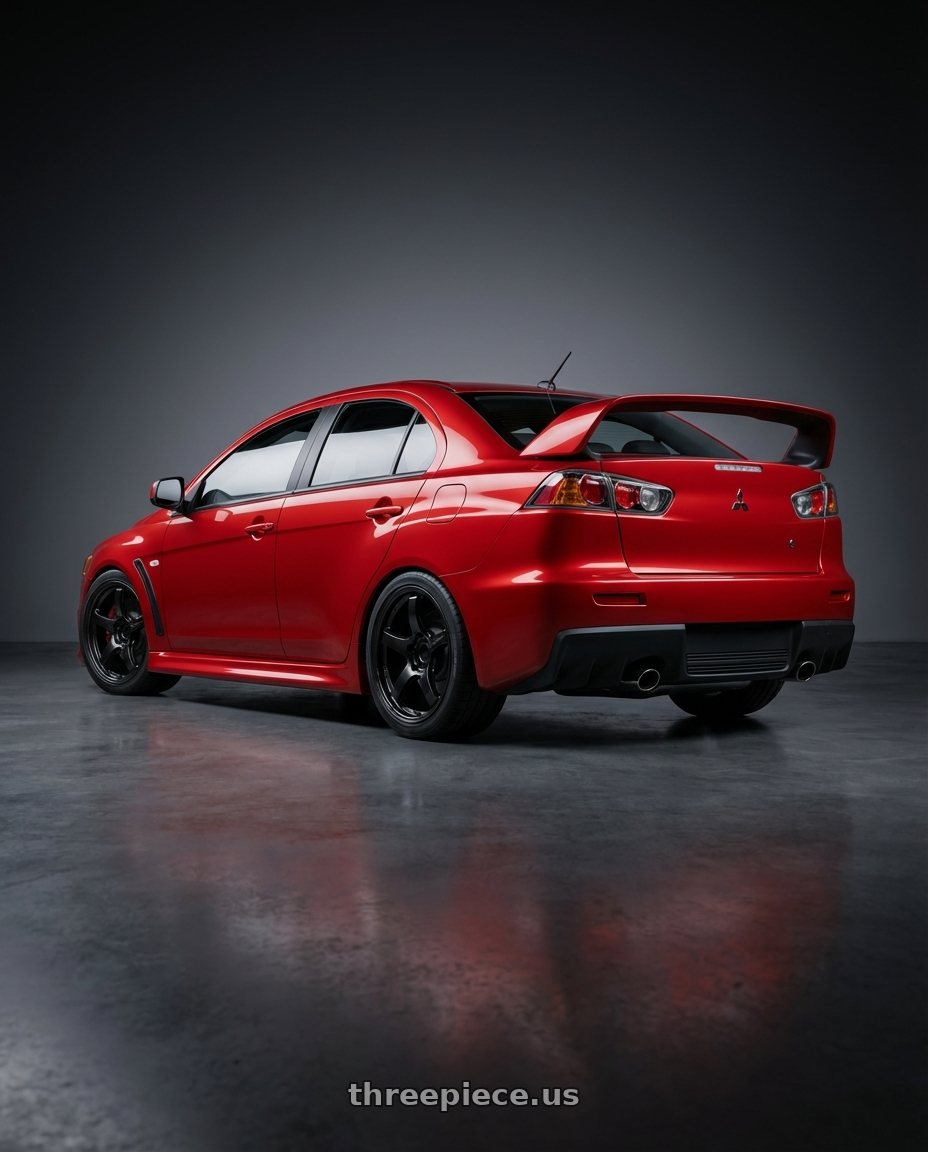 2012 Mitsubishi Lancer Evo X with Gram Lights 57CR 5x114.3 18x10.5+12 Glossy Black wheels rear three quarter view square tires