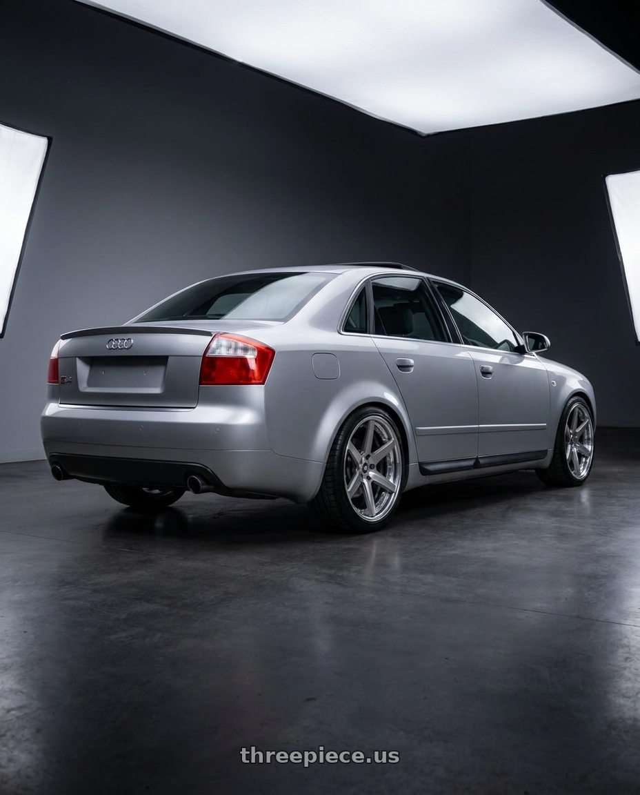 SIlver 2005 Audi S4 with Work Zeast St1 5x112 18x8.5+30 R Disk Transparent Grey Polish wheels rear three quarter view square tires