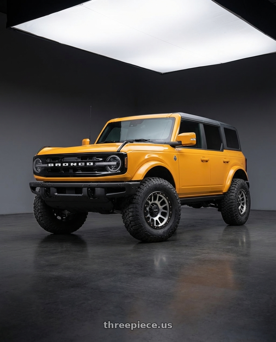 2024 Ford Bronco with Vision Off-Road 111 Nemesis 6x139.7 20x9+10 Matte Black Machined Face wheels front three quarter view lifted stance