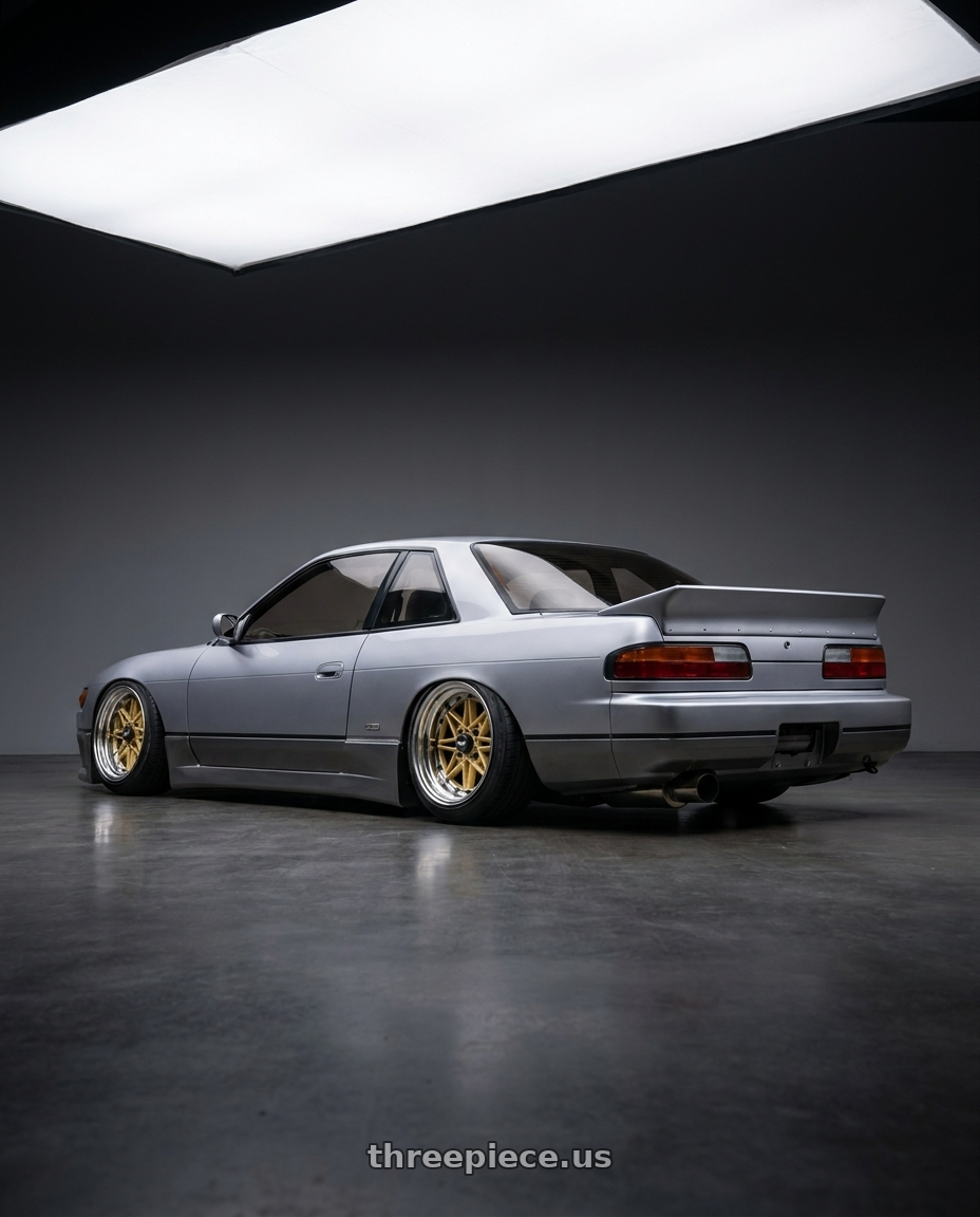 1992 Nissan silvia with EQUIP 03 GOLD 15x8.5 -9 wheels rear three quarter view slight stretch tires