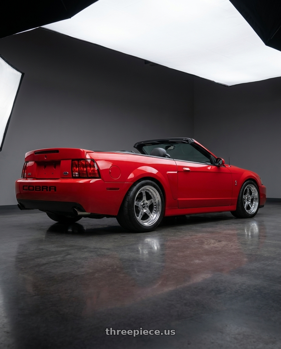 2003 Ford Mustang Cobra with CCW CZ05 4x100 16x7 +0 Polished wheels rear three quarter view meaty tires