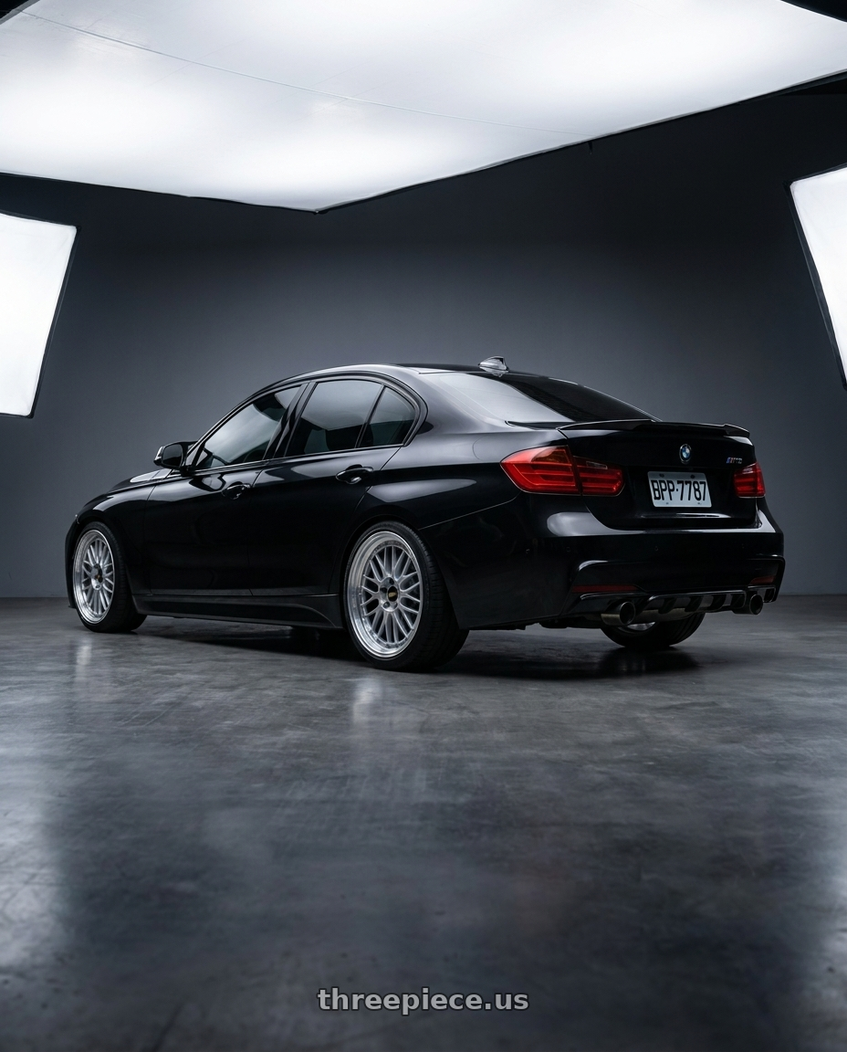 2015 328i M3 Look with BBS LM 5x114.3 19x9.0+38 Diamond Silver wheels rear three quarter view square tires
