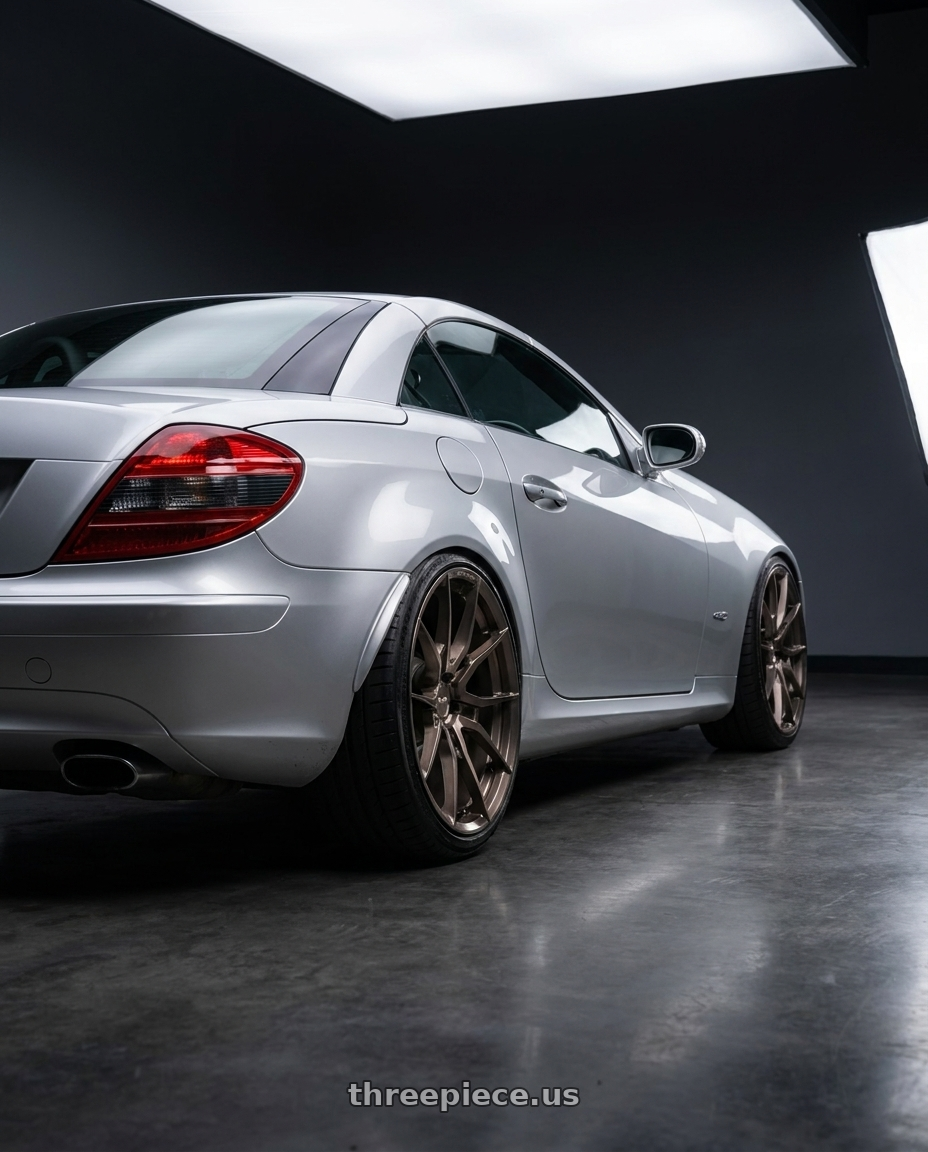 2010 Mercedes Benz SLK200, r171, Grand Edition, Silver with Niche Mono T111 KANAN 5X120 20X11.5 +52 BRUSHED CANDY SMOKE wheels rear three quarter view slight stretch tires