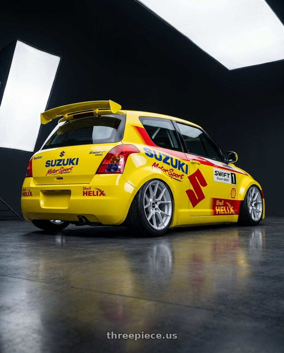 2005 Suzuki Swift Rally Car with Rotiform RC199 KPR 5X112 20x10.5 +35 SILVER wheels rear three quarter view extreme stretch tires